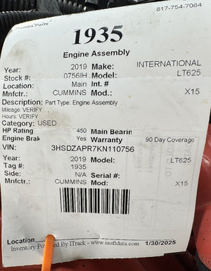 2019 CUMMINS X15 ENGINE ASSEMBLY | TAG #1935