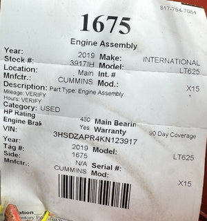 2019 CUMMINS X15 ENGINE ASSEMBLY | TAG #1675